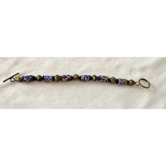 Bracelet Venetian Millefiori Glass African Trade Beads Yellow Blue Cylindrical - Picture 10 of 12
